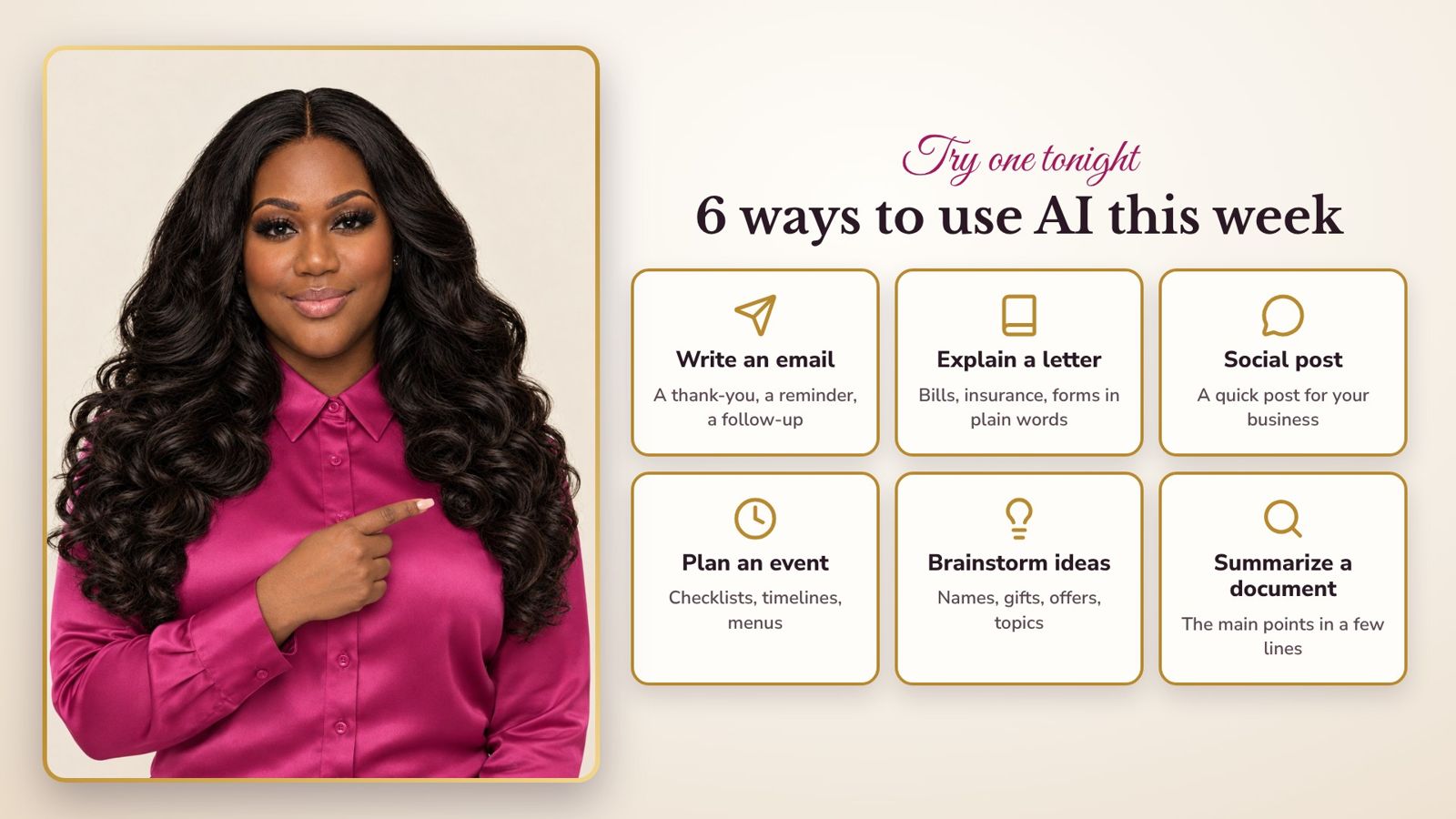 6 ways to use AI this week: write an email, explain a letter, social post, plan an event, brainstorm ideas, summarize a document.